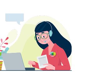 Illustration of care expert with headphones sitting at her computer