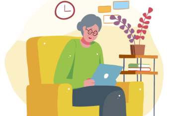 Illustration of woman sitting on a yellow armchair on her computer